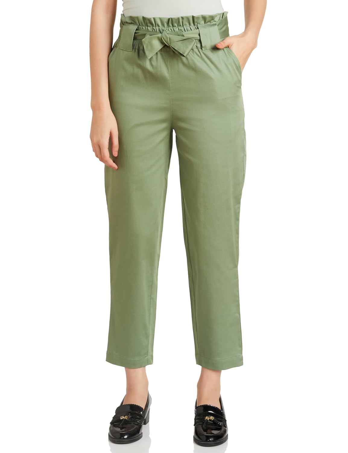 Buy Amazon Brand - Symbol Women's Tapered Paper Bag Trousers (High Rise Ankle Length | with Self Fabric Belt) (CT-19 Cont_Grey_28) at Amazon.in