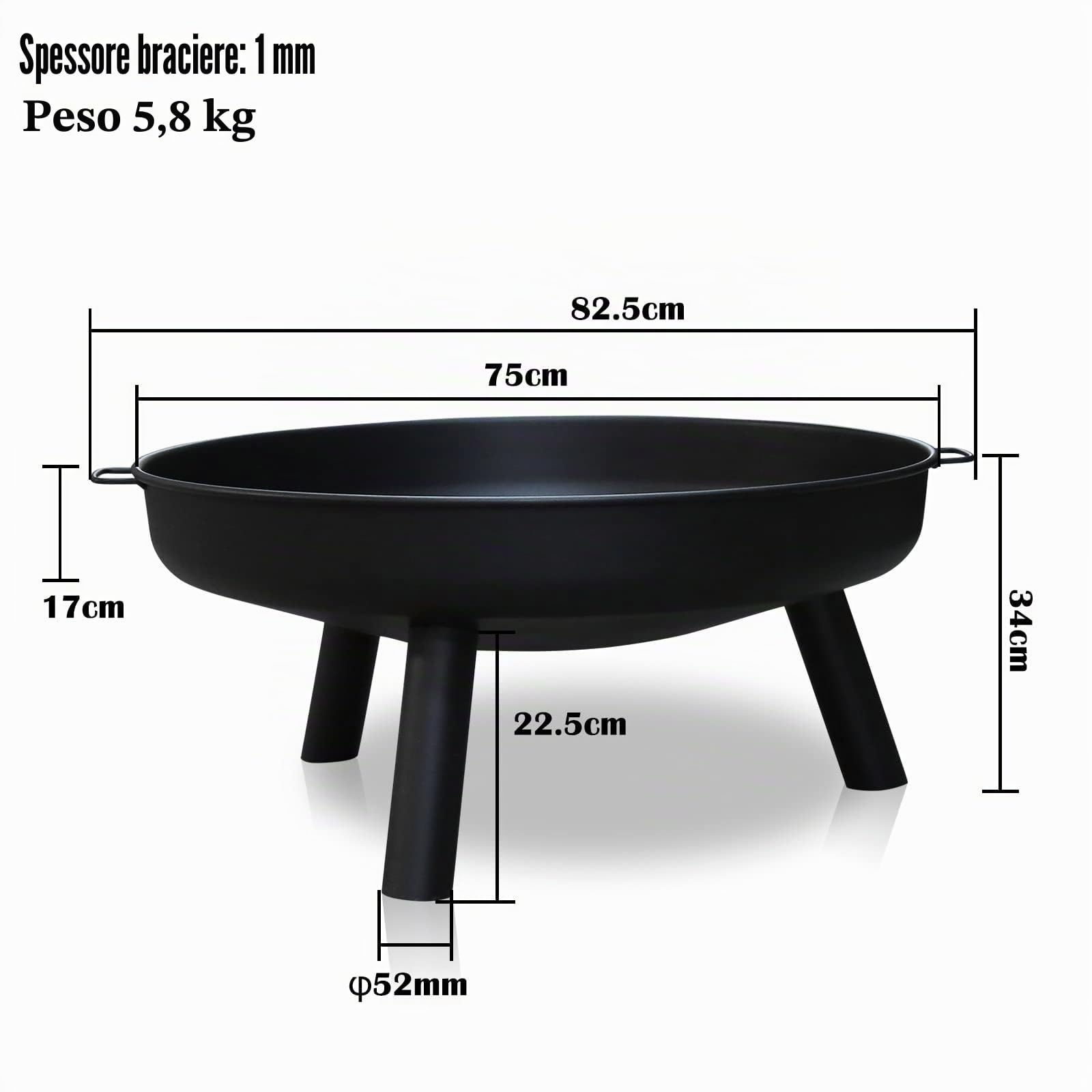 Braciere da Giardino Ø 75 cm, Bracere da Esterno, Braciere con 2 maniglie e 3 piedini di appoggio rimovibili, Braciere per Giardino, Balcone, Terrazza, Campeggio
