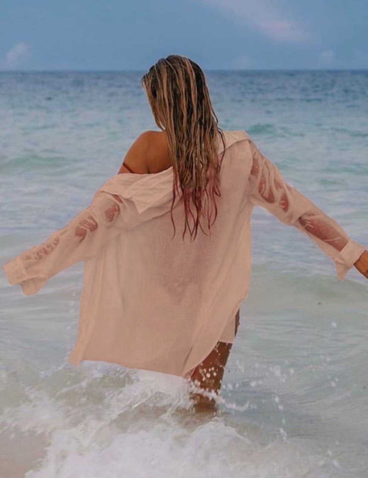 Niwicee Vestido Playa Mujer Camisa de Playa Cuello V Manga Larga Bikini Cover Up con Botón de Bolsillo Casual Blusa Tops Poncho de Playa