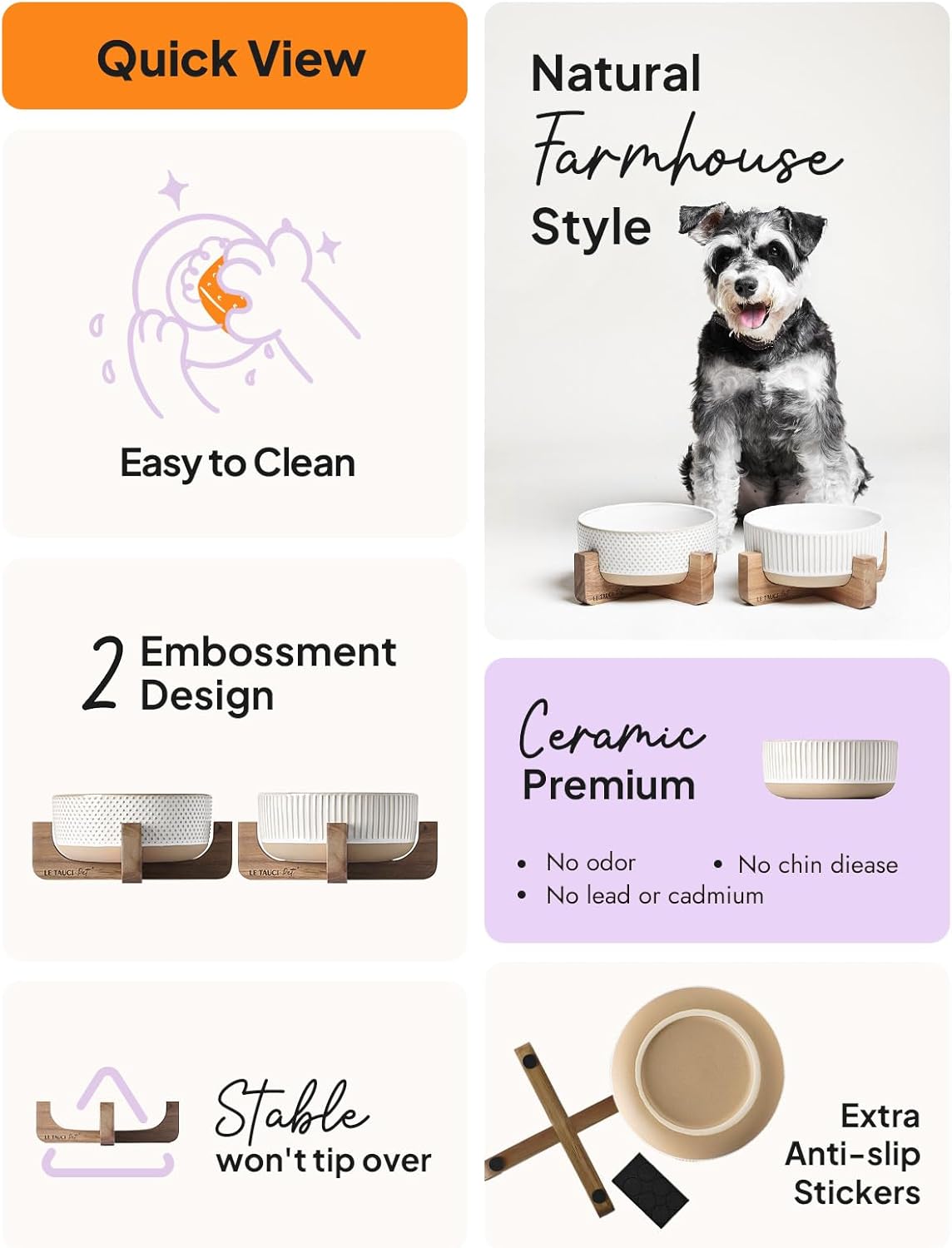 LE TAUCI PET Ceramic Dog Bowls for Medium Small Dogs - 4 Cup Medium Dog Food and Water Bowls with Wood Stand, Cute Pet Dishes Set of 2, Lines+Dot - Image 4