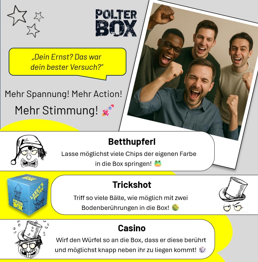 JGA PolterBox Deluxe – Komplettset mit 11 Partyspielen für Junggesellenabschied, 4–20 Spieler – All-in-One JGA Partybox für Polterabend, Aufgaben & Gruppen-Challenges (Men’s Edition)