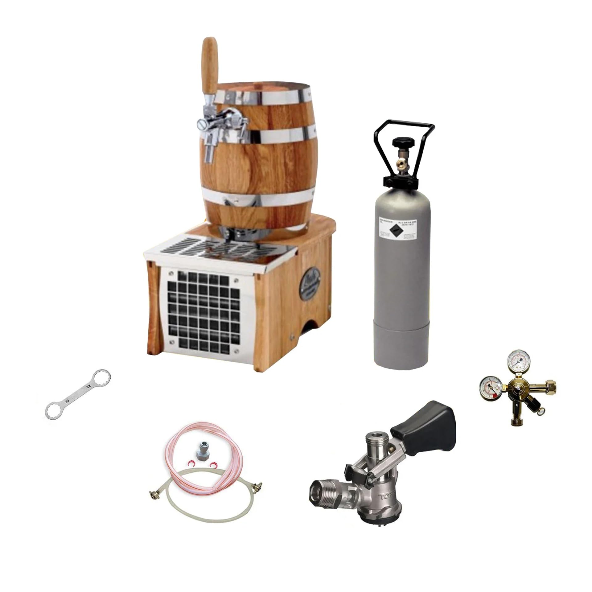 Komplett Set - Soudek 20, Trockenkühlgerät Bierfass Optik, Bierkühler, Zapfanlage, Bierzapfanlage 1-leitig, 20 Liter/h, Green Line, Zapfkopf:Flach