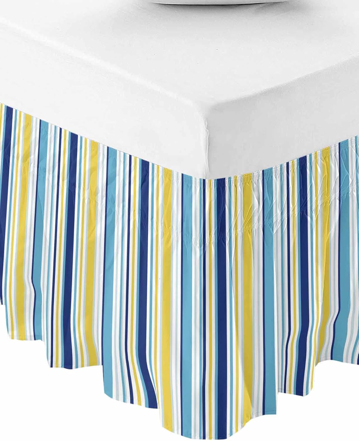 Blue Yellow Striped Bed Skirt Queen Size 16 Inch Drop, Adjustable Elastic Bedskirt Dust Ruffle for Queen Bed, Farmhouse Navy Blue Ombre Stripes Wrap Around Bed Skirts Luxurious Pleated Bed Frame Cover