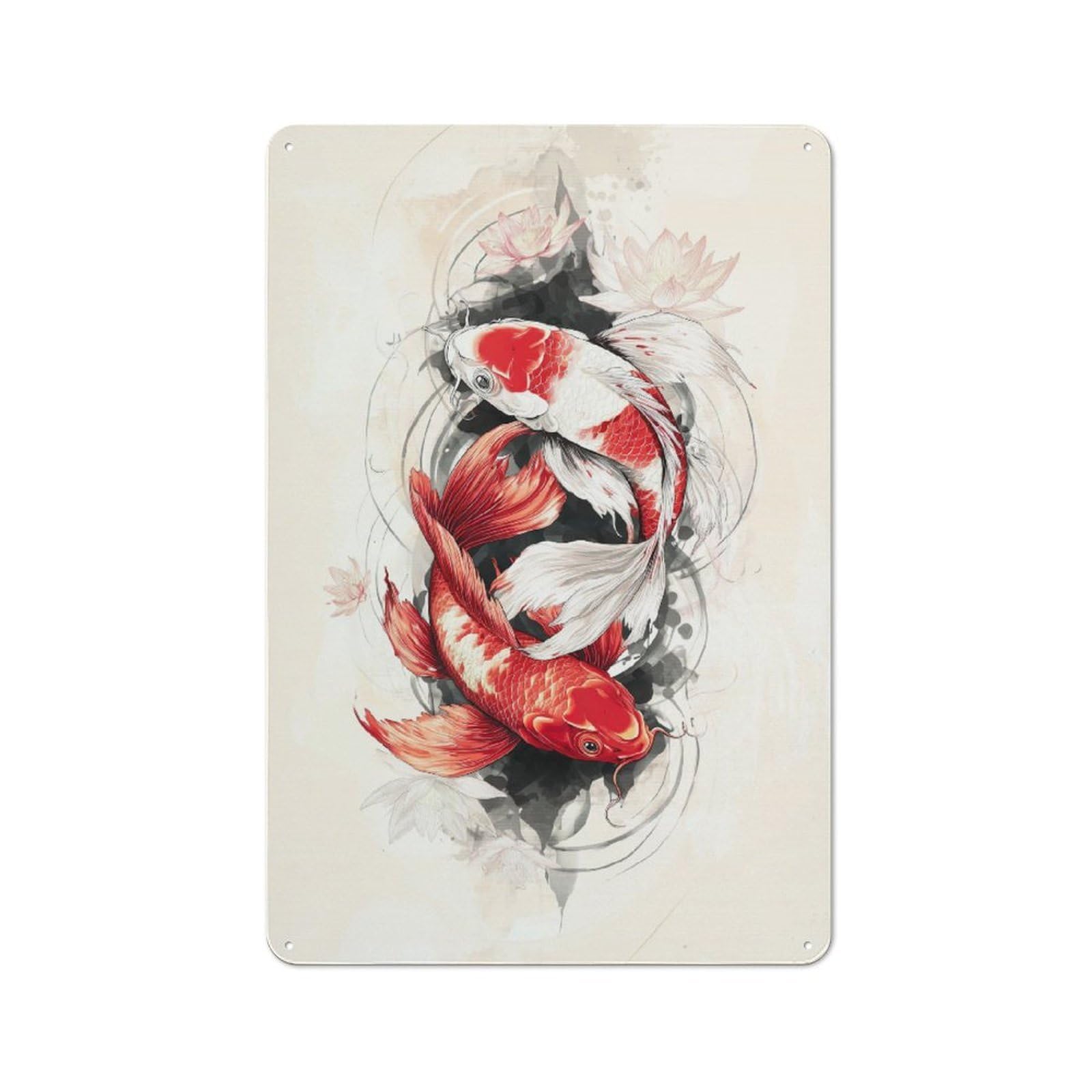 Junmoney Koi Fish Art Print 30X20cm Retro-Style Tin Sign With For Café Or Home Bar, For Metal Sign Collectors, For Garage And Workshop Walls