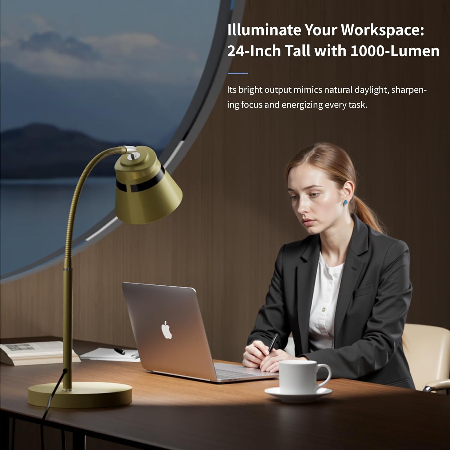 AXX Gold Desk Lamp, 24-Inch Table Light for Home Office/Bedroom/College Dorm Room, LED Bulb Included, 1000LM, 3 Color Modes, 10 Dimmable Levels, Metal