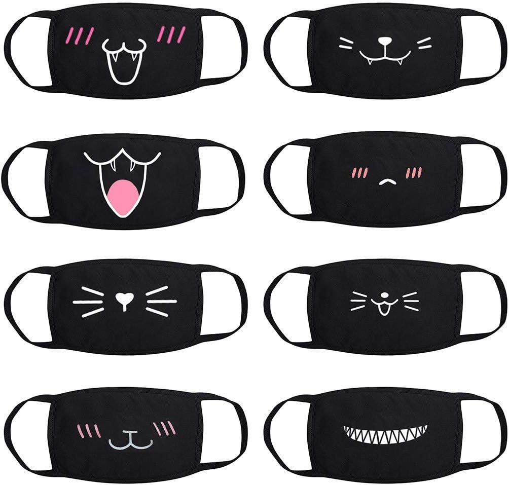 8 Pack Cartoon Sweet Cat Pattern Mouth Face Protective Cotton Anti-Dust Fashion Kawaii Cute Reusable & Washable (Black)