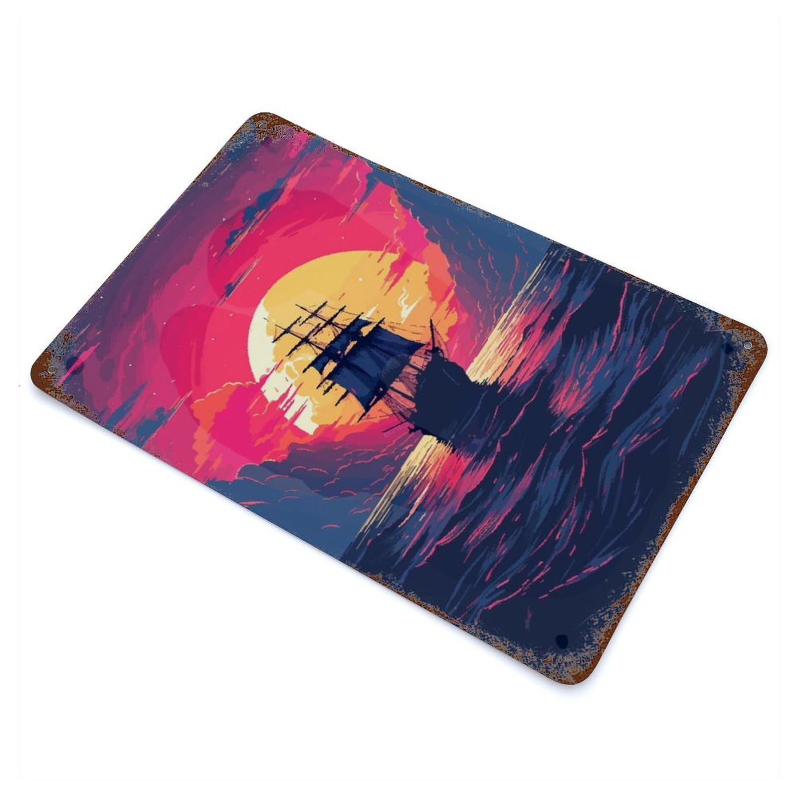 Garage Style Pirate Sunset Ship Pixel Aged Metal Wall Plaque 11.8"x7.9", Farmhouse Wall Decor for Bar And Workshop