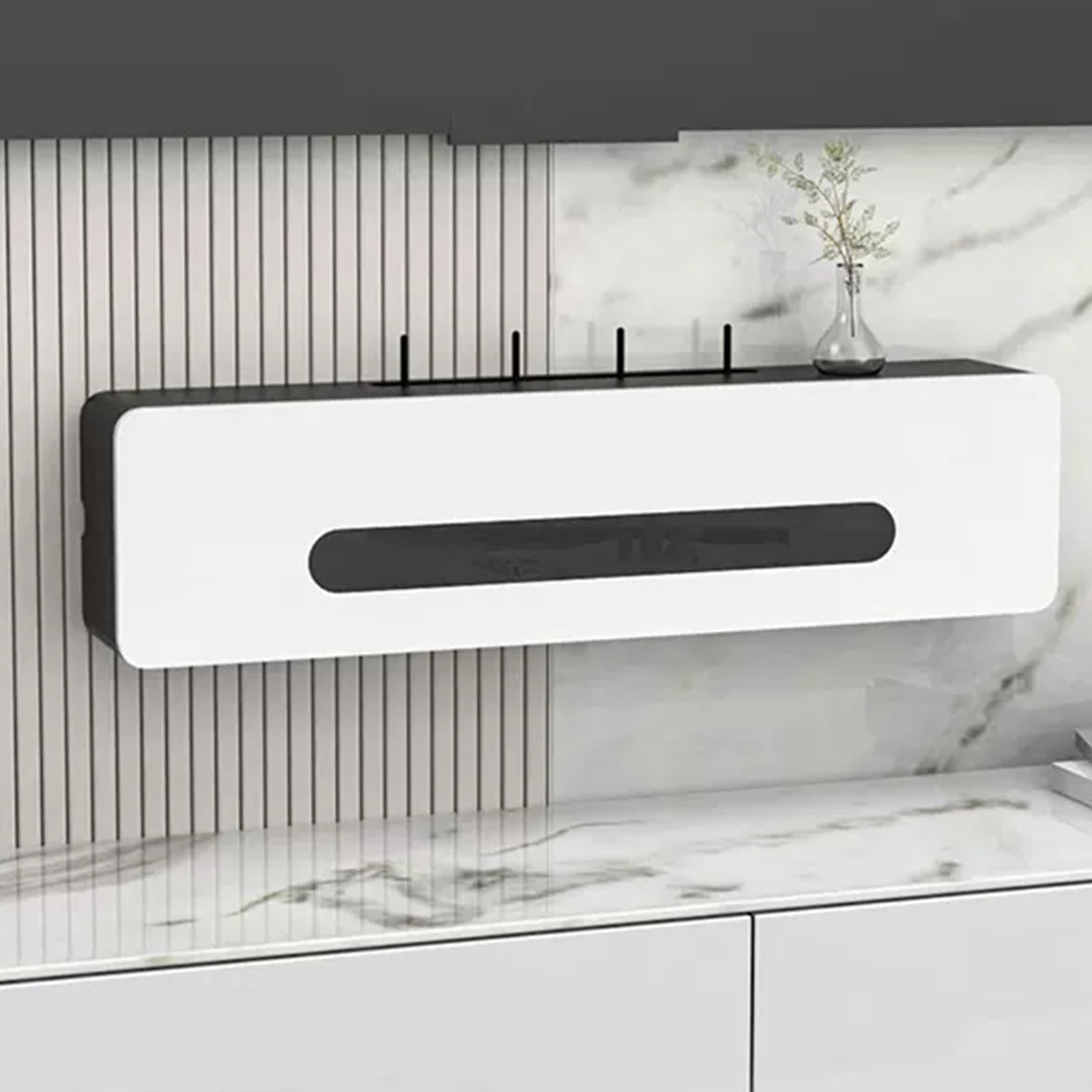 Étagère murale en bois pour routeur – Boîte de rangement pour routeur WiFi et multiprise de câbles Pas d'assemblage nécessaire Noir et blanc 80 cm