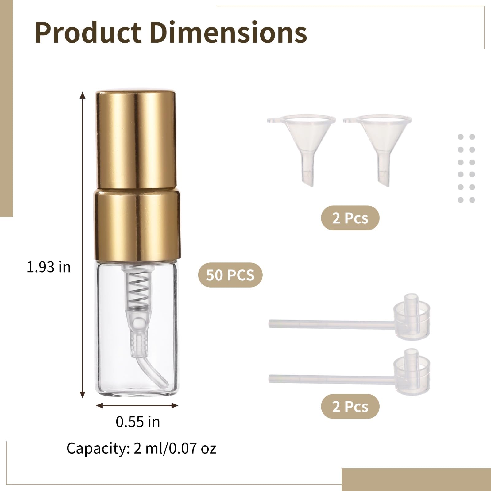 50 mini flaconi spray da 2 ml, ricaricabili, in vetro, per profumo, da viaggio, contenitori portatili per campioni con tappo, atomizzatori per nebbia fine, include 2 imbuti e 2 dispenser, oro