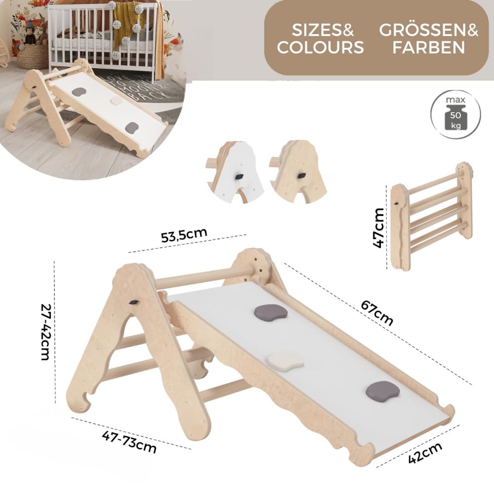 MAMOI® Klettergerüst Indoor, Kletterdreieck mit Rutsche aus Holz, Kletterturm mit Rutschbrett, Kletterbogen, Regenbogenwippe, Montessori Spielzeug