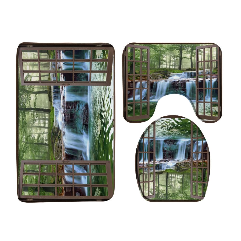 VPUPCN 3 Pcs Waterfall Bath Rugs Set,Misty Forest Green Tree Tropical Rainforest Jungle Plant Lake Mossy Rock Nature Landscape Kitchen Rug with 16