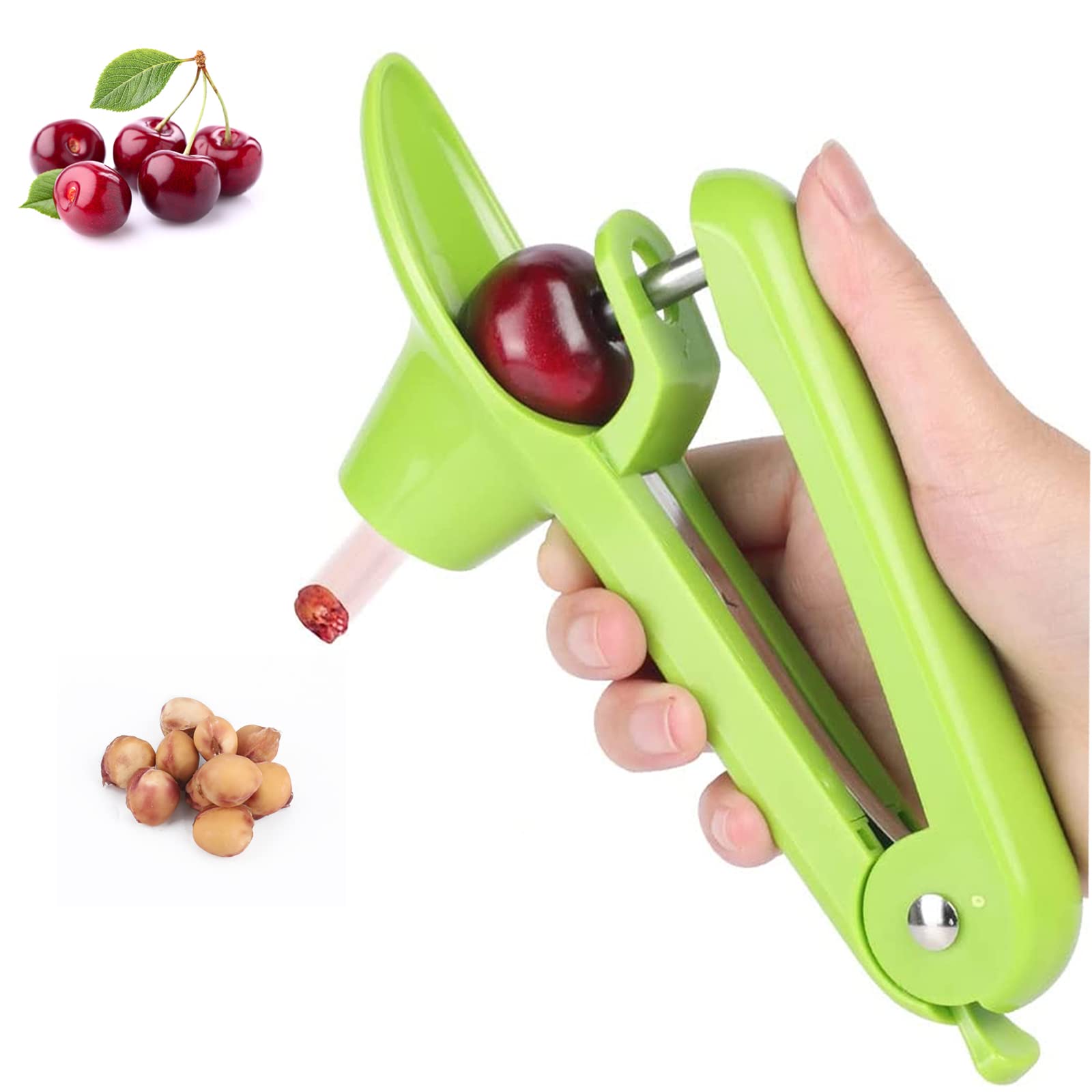Cherry Pitter - Heavy-Duty Olive and Cherry Pitters Corer Tool with Space-Saving Lock Design , Multi-Function Cherries Stoner Seed Remover Tool for Making Cherry Jam (Green)