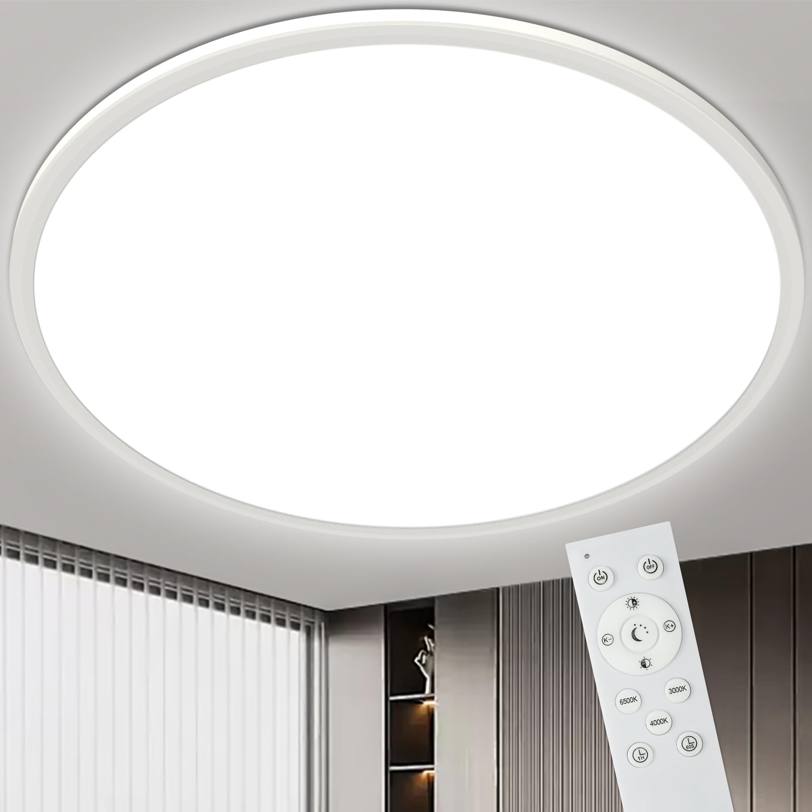 Bowfar 59CM Plafoniera LED Soffitto, Plafoniera Rotonda 56W 3000-6500K Ultra Sottile 2.5CM, Lampada da Soffitto con Telecomando Dimmerabile per Soggiorno Camera da Letto Cameretta Cucina, Bianco