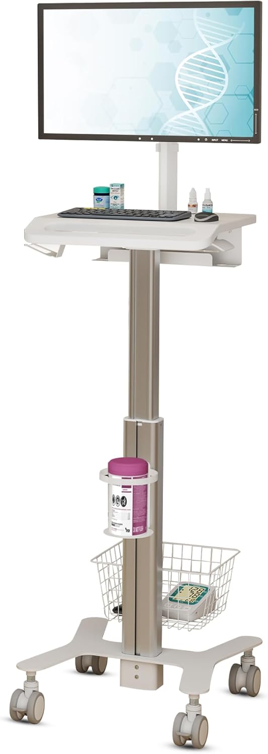 Mount Plus MB-C10 Medical Trolley Cart For Monitor Desktop With Keyboard Table, Basket, Wipe Holder, Scanner Holder For Hospital Clinic Dental Office Home Office | Height Adjustable Mobile Workstation Mount Plus MB-C10 Medical Trolley Cart For Monitor Desktop With Keyboard Table, Basket, Wipe Holder, Scanner Holder For Hospital Clinic Dental Office Home Office | Height Adjustable Mobile Workstation