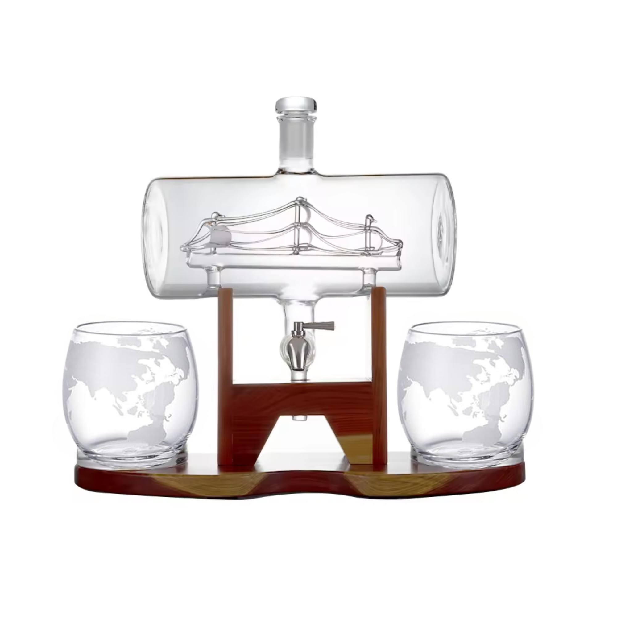 AURA LIVING - Boat Whiskey Decanter Set - 1000ml Capacity - 4 Glasses - Transparent - Novelty - Unique Ship Design Crystal