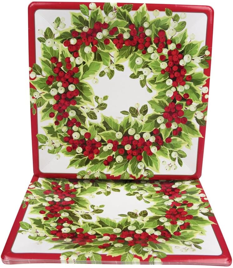 Caspari Holly and Berry Wreath Paper Dinner Plates, 32 Count