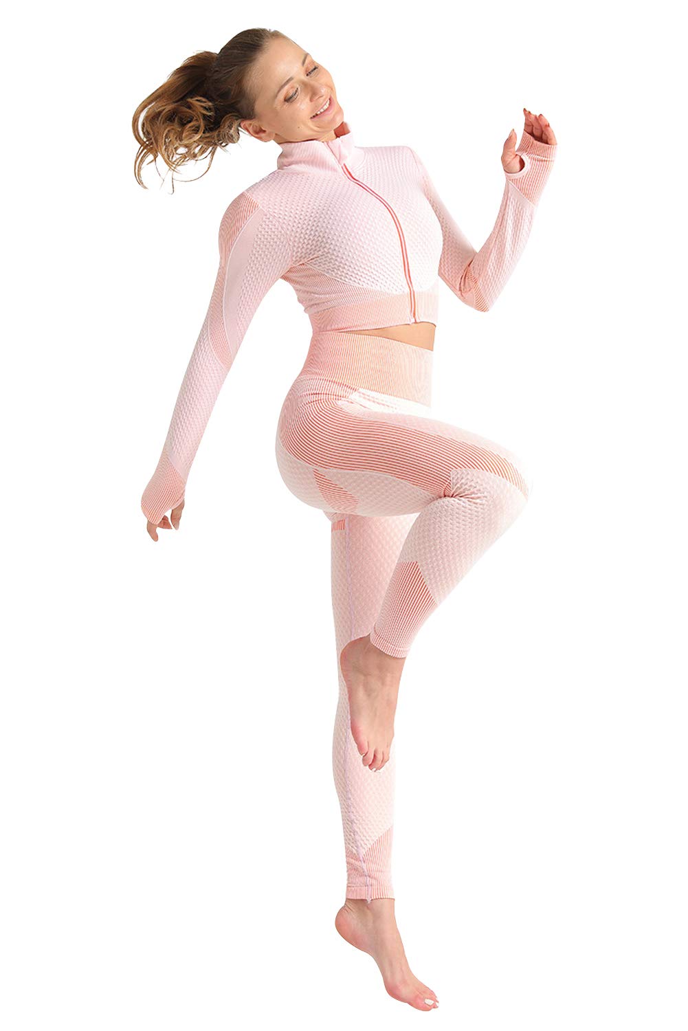 Women's Sportswear Fitness Suit 2 PCS Zip Long Sleeve Top and Push Up Leggings Stretch-Fit High Waist Tight Tracksuits for Yoga Gym Running Workout Set YDZ-CX6094