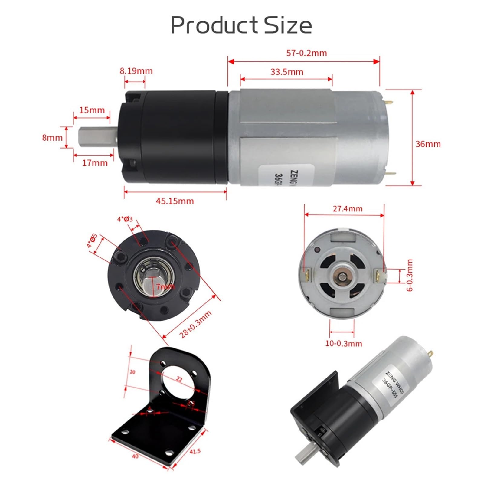 Micro Motorreductor DC Motorreductor de CC 36GP-555, 12 V/24 V, velocidad ajustable hacia adelante y hacia atrás, alto par, cepillo planetario con soporte fijo(421RPM,24V)