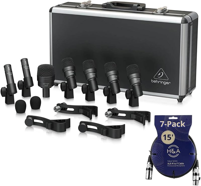 Behringer BC1200 Professional 7-Piece Drum Microphone Set for Studio and Live Applications Bundle with 7-Pack H&A XLR M To F Cables 15'