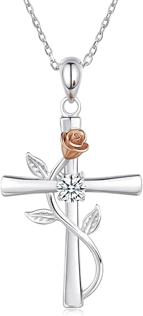 BlingGem Cross Necklace for Women 925 Sterling Silver Rose Cross Pendant Gold/Rosegold Plated Cubic Zirconia Faith Hope Love Cross Pendant Jewellery Gift for Women