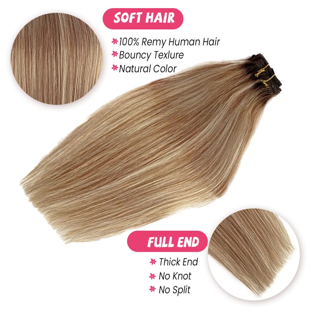 Amazon.com : Clip in Hair extensions Medium Brown to Golden Brown with  Bleach Blonde Hightlights Real Human Hair Extensions, Straight 7pcs 15 inch  Clip in Hair 2 Sets full head for white