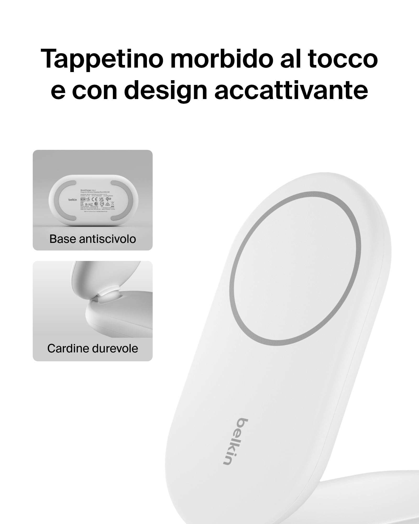 Belkin BoostCharge Caricabatteria magnetico pieghevole 2 in 1 con Qi2 15 W, caricatore wireless MagSafe, ricarica rapida per Apple iPhone 15/14/13/12, base antiscivolo, alimentatore incluso, bianco
