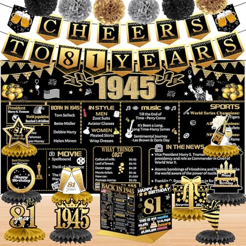81st Birthday Decorations for Women Men, 18PCS Black Gold Back in 1945 Banner Decorations, Bday Backdrop, 81 Year Old Banner for Grandma Grandpa, Birthday Card, 6 Paper Poms 9 Honeycomb Balls