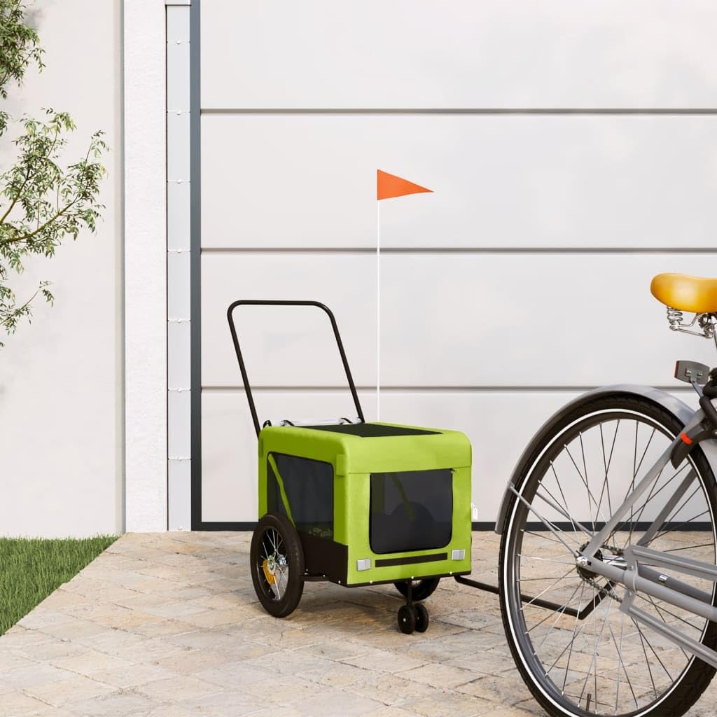 Vopese Bike Trailer for Dog, Pet Bicycle Carrier with Safety Flag, Green and Black Oxford Fabric and Iron Frame, Small to Medium Dog Bike Trailer for Outdoor Cycling