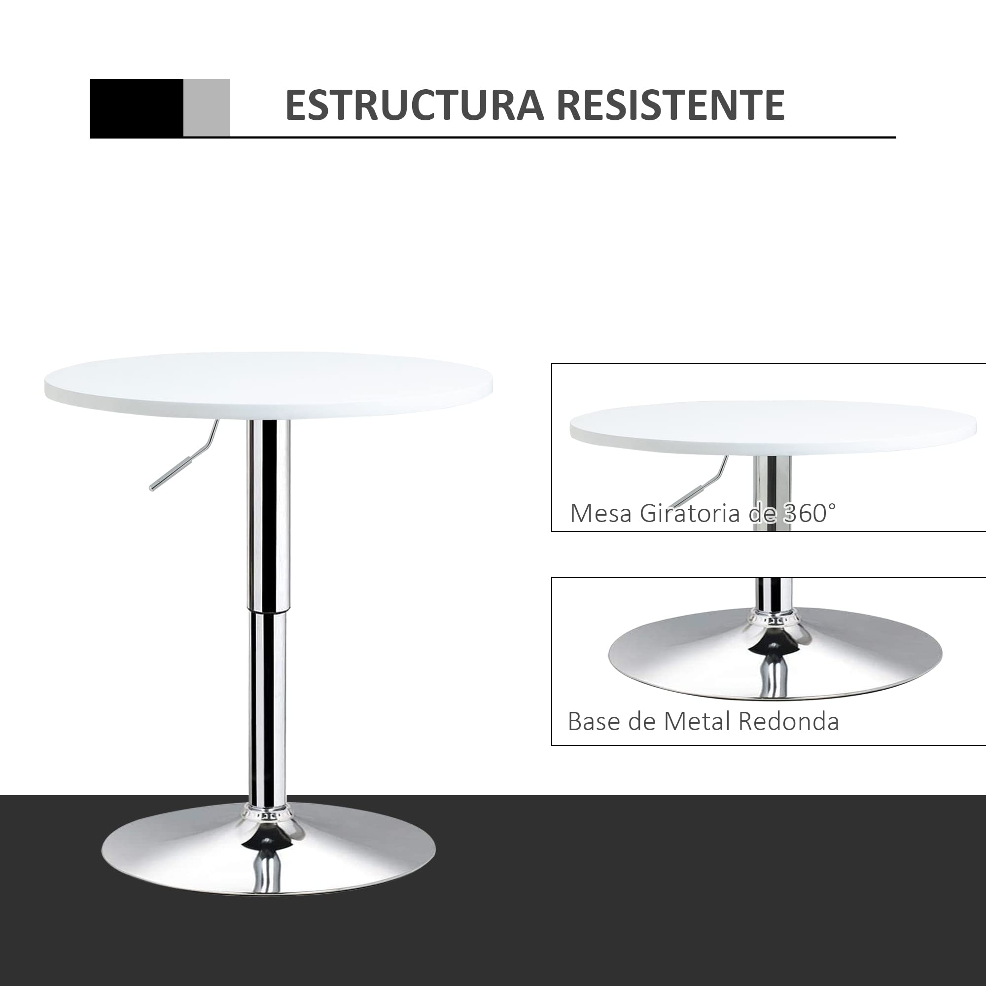 HOMCOM Mesa de Bar Regulable en Altura con Base Redonda y Antideslizante para Cocina Comedor Ø60x69-93 cm Blanco