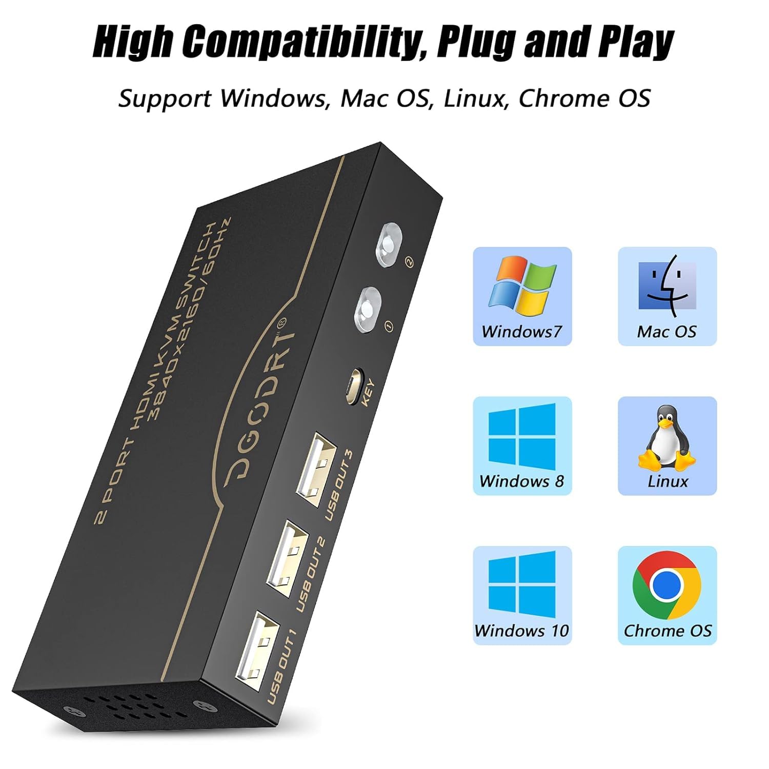 Conmutador KVM HDMI de 2 puertos, UHD 4K @ 60 Hz RGB 4:4:4 USB HDMI KVM Switch para 2 PC Share One Monitor Teclado Ratón Impresora Escáner, con cables HDMI y cable USB