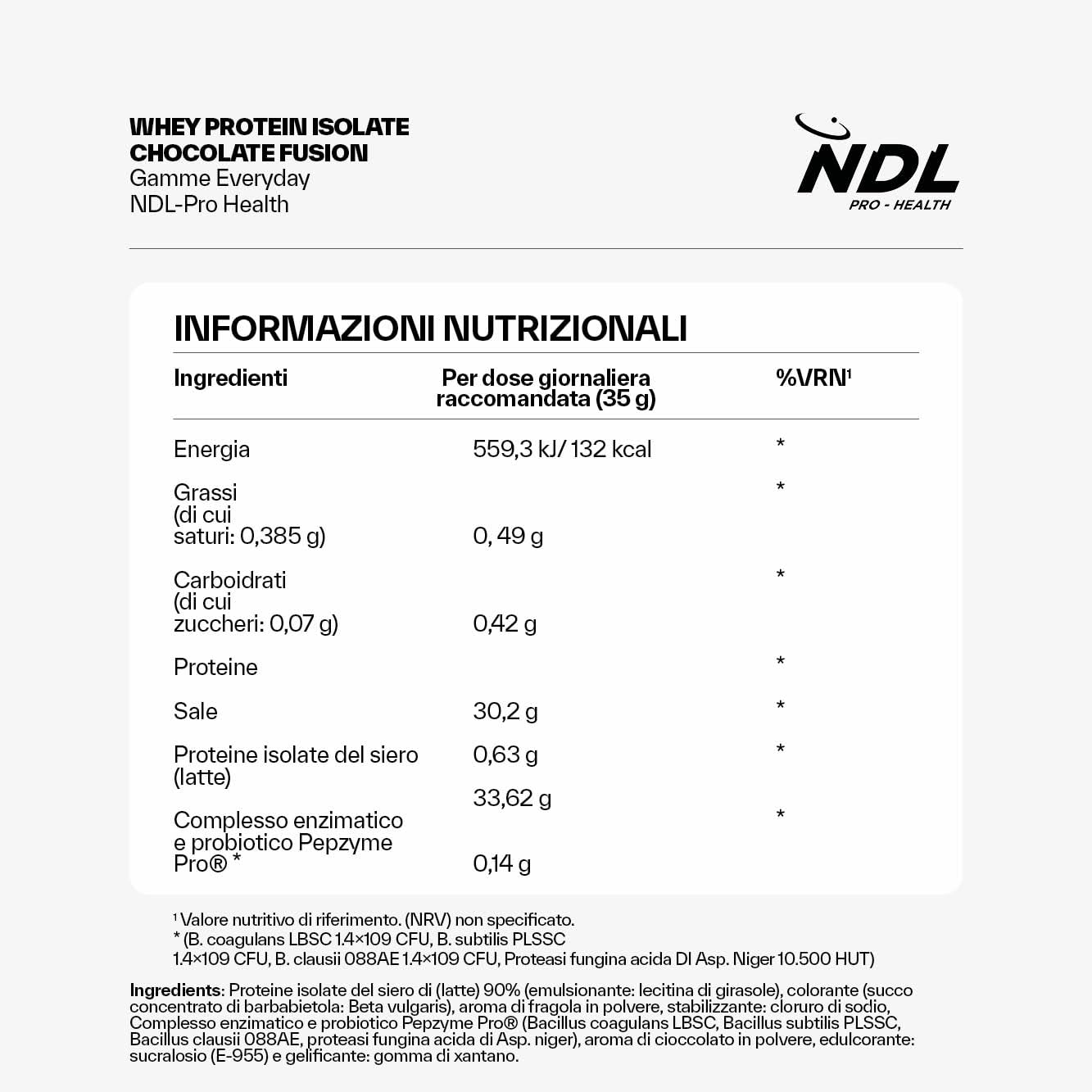 NDL Pro-Health Proteine Isolate | 90% Proteine del siero del latte| 1 kg | Probiotico Pepzyme Pro® I Basso contenuto di zucchero e grassi I Elevata purezza e digeribilità I Cioccolato