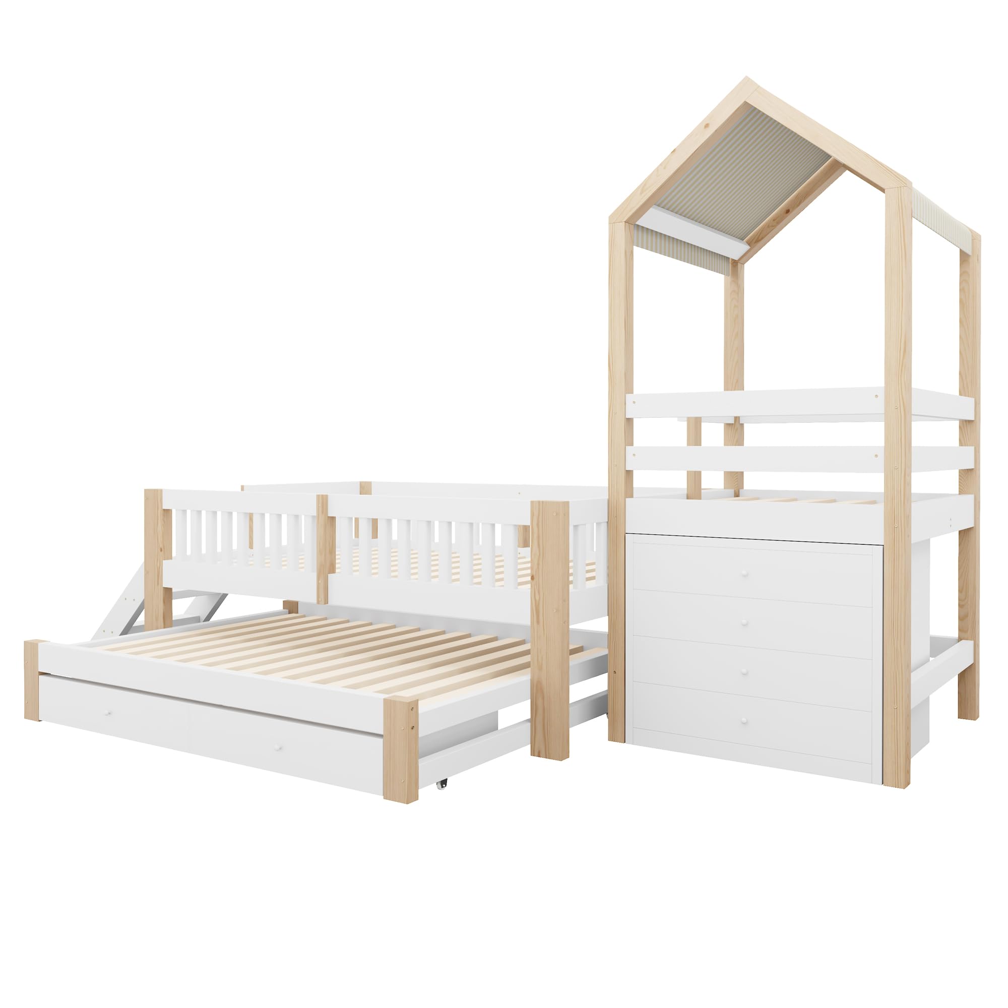 Letto Montessori 90x200 con Letto Estraibile 90x190 cm e 2 Cassetti (Bianco+Naturale-1)