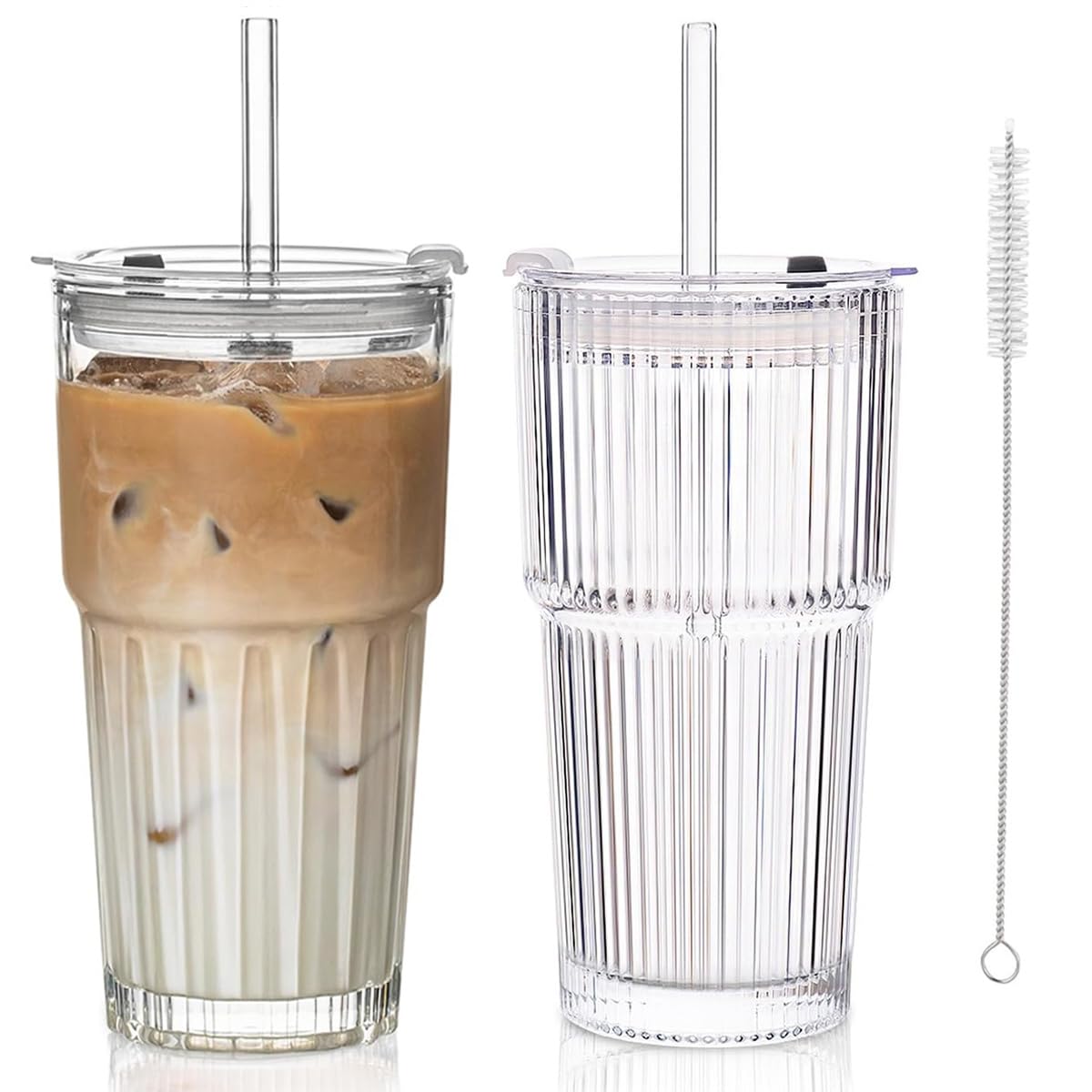 miaomiao Iced Coffee Cup with Straw and Lid, 2 Pcs Ribbed Glass Tumbler, 600ml/20oz Clear Glass Cups Smoothie Cup Matcha Cup Drinking Jars Leakproof Cups