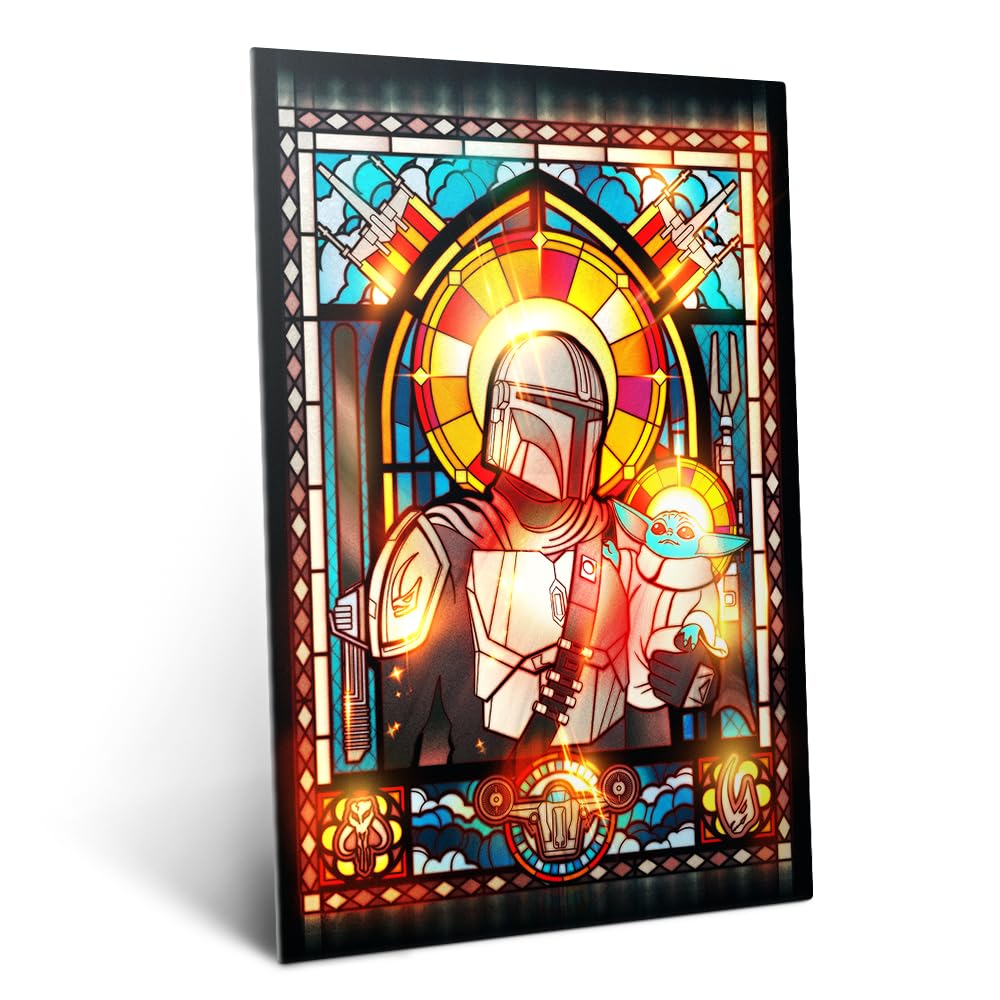 Displate Metallposter Star Wars – Mandalorian Buntglas – Grogu Din Djarin – Galaxis Saga – Sammlergeschenk – Premium Wanddekoration Wandkunst Deko Film Poster – 32 cm x 45 cm