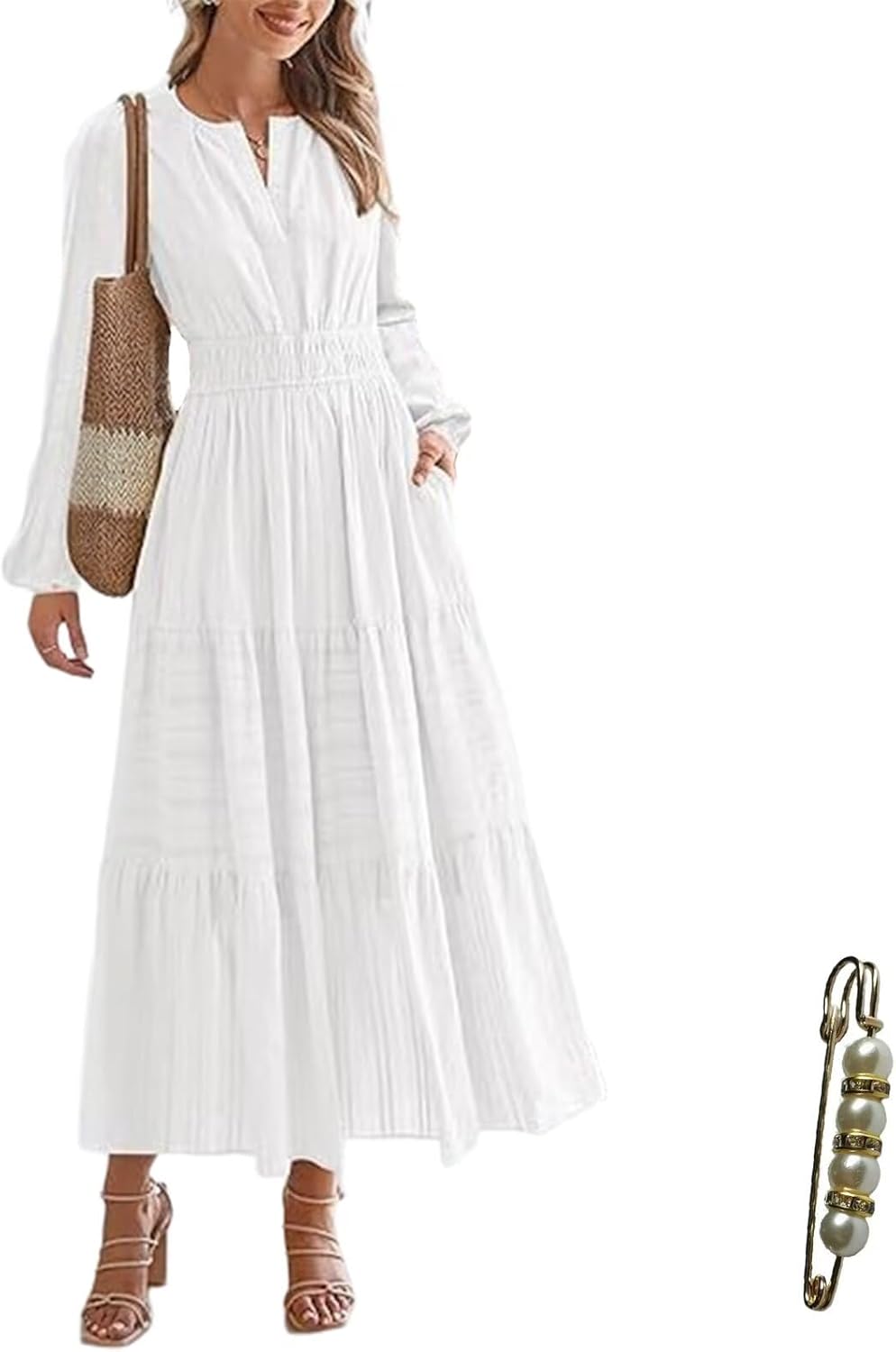 Women’s Cotton Maxi Dress Long Sleeve V Neck Casual Summer Dress with Pockets Lightweight A-Line Style