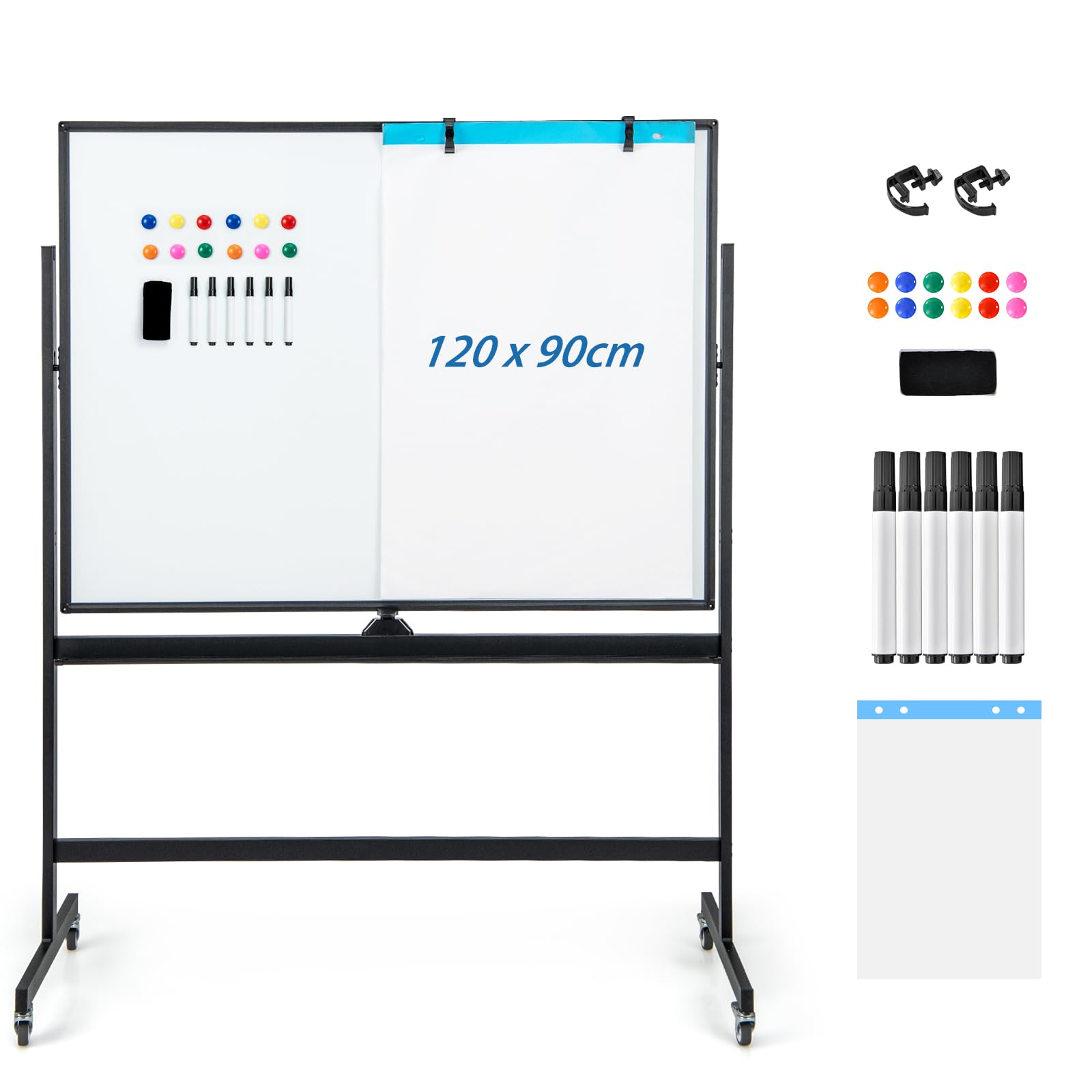GOPLUS Whiteboard magnetisch mit Ständer, doppelseitiges White board mit Zubehör Set, Trocken abwischbar, mobiles Whiteboard höhenverstellbar, für Schule, Büro, Zuhause (120 x 90cm, Schwarz)