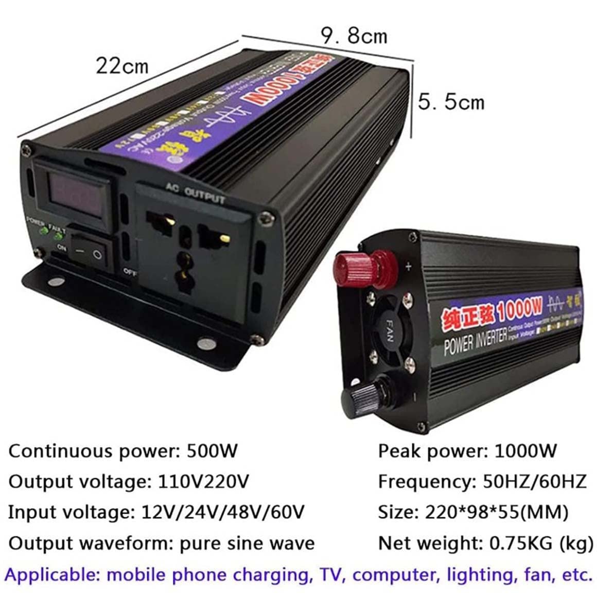 Przetwornica czystej fali sinusoidalnej, 1000 W/2000 W/3000 W/4000 W/5000 W/6000 W/8000 W przetwornica napięcia DC 12 V/24 V/48 V/60 V do AC 220 V transformator do samochodu,1000W-60Vto220V