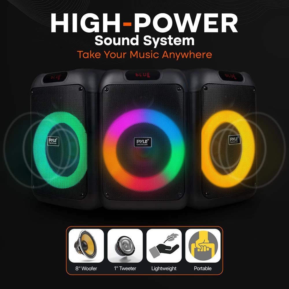 Pyle głośnik PA Bluetooth do karaoke 100 W z 8-calowym głośnikiem niskotonowym – regulacja echa, basów i wysokich tonów, port USB, czytnik kart SD, radio FM, wejście mikrofonowe i światła LED