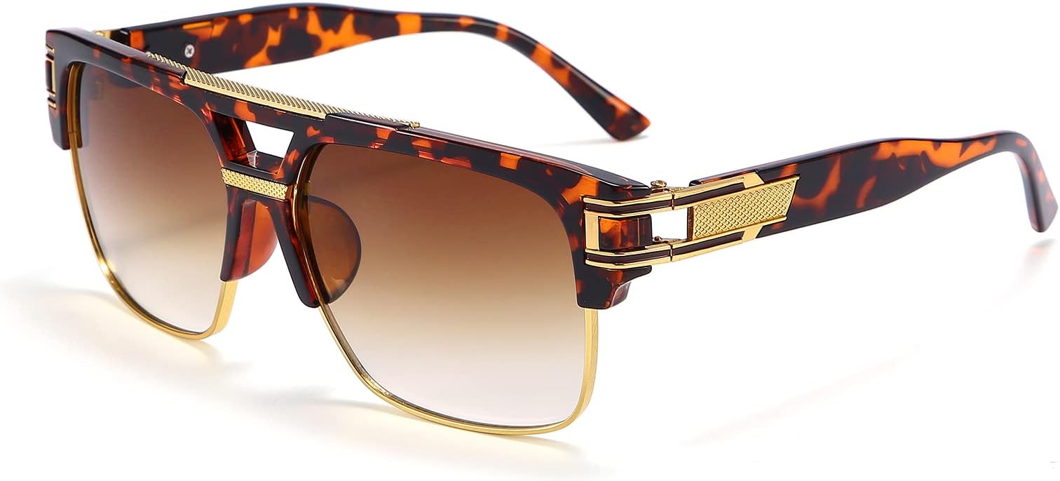 Dollger Square Sunglasses for Men Classic Oversized Sun Glasses Retro Semi Rimless Gold Alloy Frame UV400