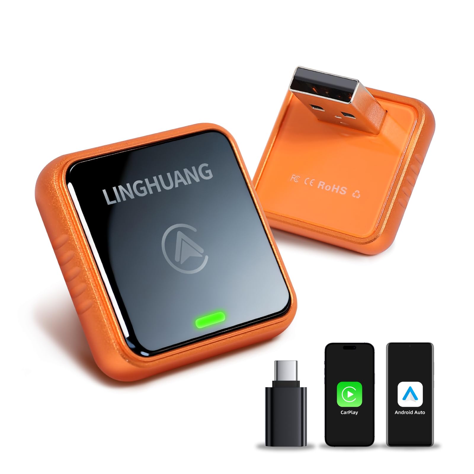 LINGHUANG Adaptador Carplay Inalambrico & Adaptador Android Auto Inalambrico, Convierte de Cableado a Inalámbrico, Plug & Play, Conexión Rápida y Estable, Compatible con iOS 10+ & Android 11+(Naranja)