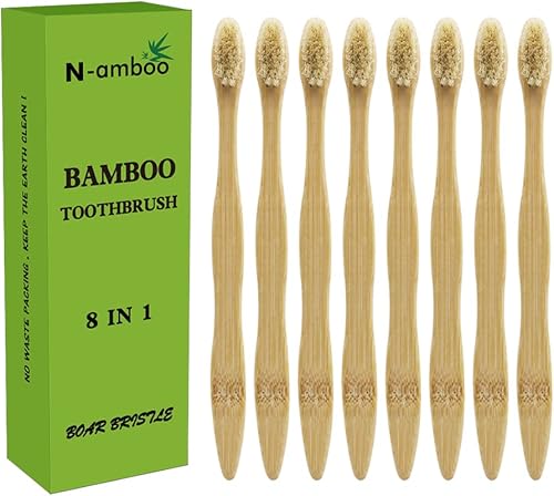 Cepillo de dientes de bambú cerdas de jabalí 100% biodegradables y naturales, 8 piezas de un paquete