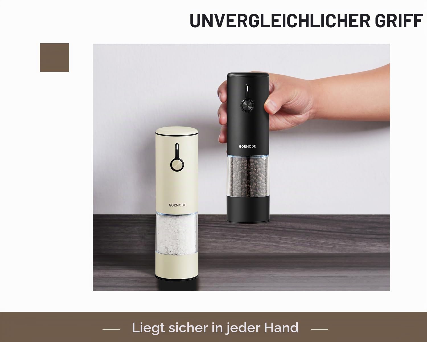 Edelstahl Elektrische Salz- und Pfeffermühlen Set USB-wiederaufladbar – 6 Mahlstufen, LED Licht & Staubschutzdeckel – 2er-Set Braun