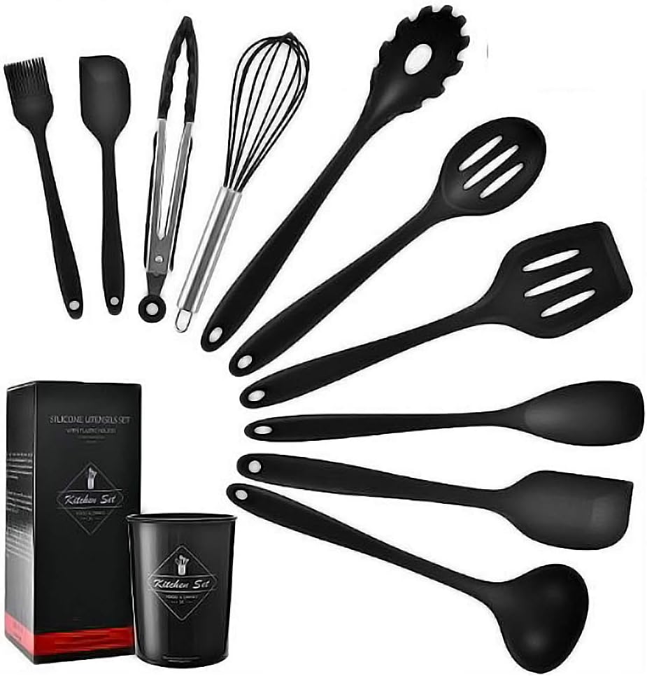 11 Pcs Silicone Kitchen Utensils Set Heat Resistant Cooking Tools for Non Stick Cookware Easy to Clean Kitchen Baking Kit with Holder, Black