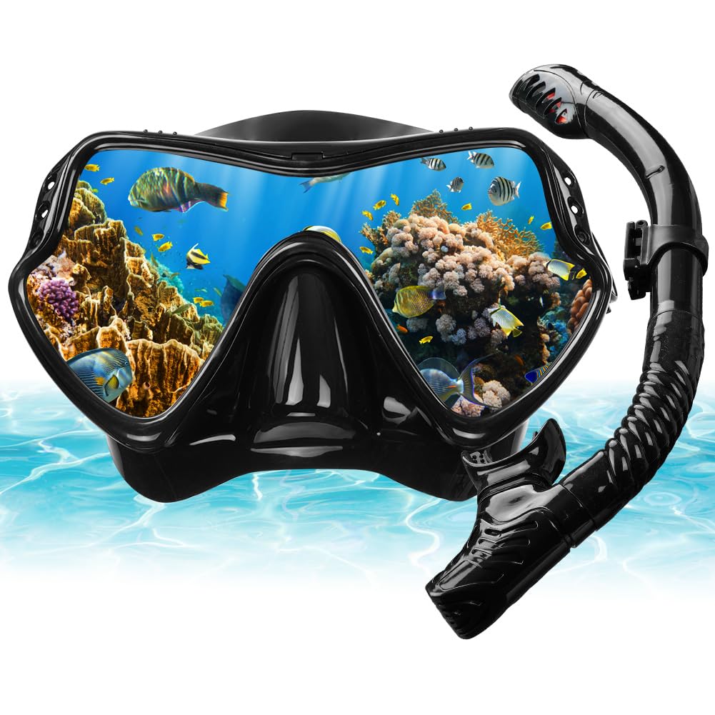 AOOSA Snorkel Set Adults, Anti-Fog Tempered Glass Diving Mask Snorkeling Gear, Leak-Proof Panoramic Wide View Snorkelling Goggle, Dry Top Snorkel Kit for Snorkeling Scuba Diving Swimming Travel