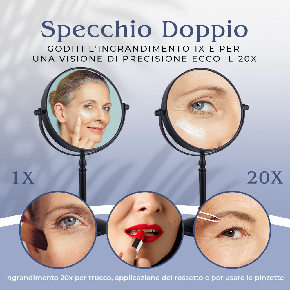 Mirrorvana Specchio da tavolo per trucco con ingrandimento 20X e 1X, ideale per make up e toeletta da bagno, specchietto ingranditore 30 x 15 cm (nero)