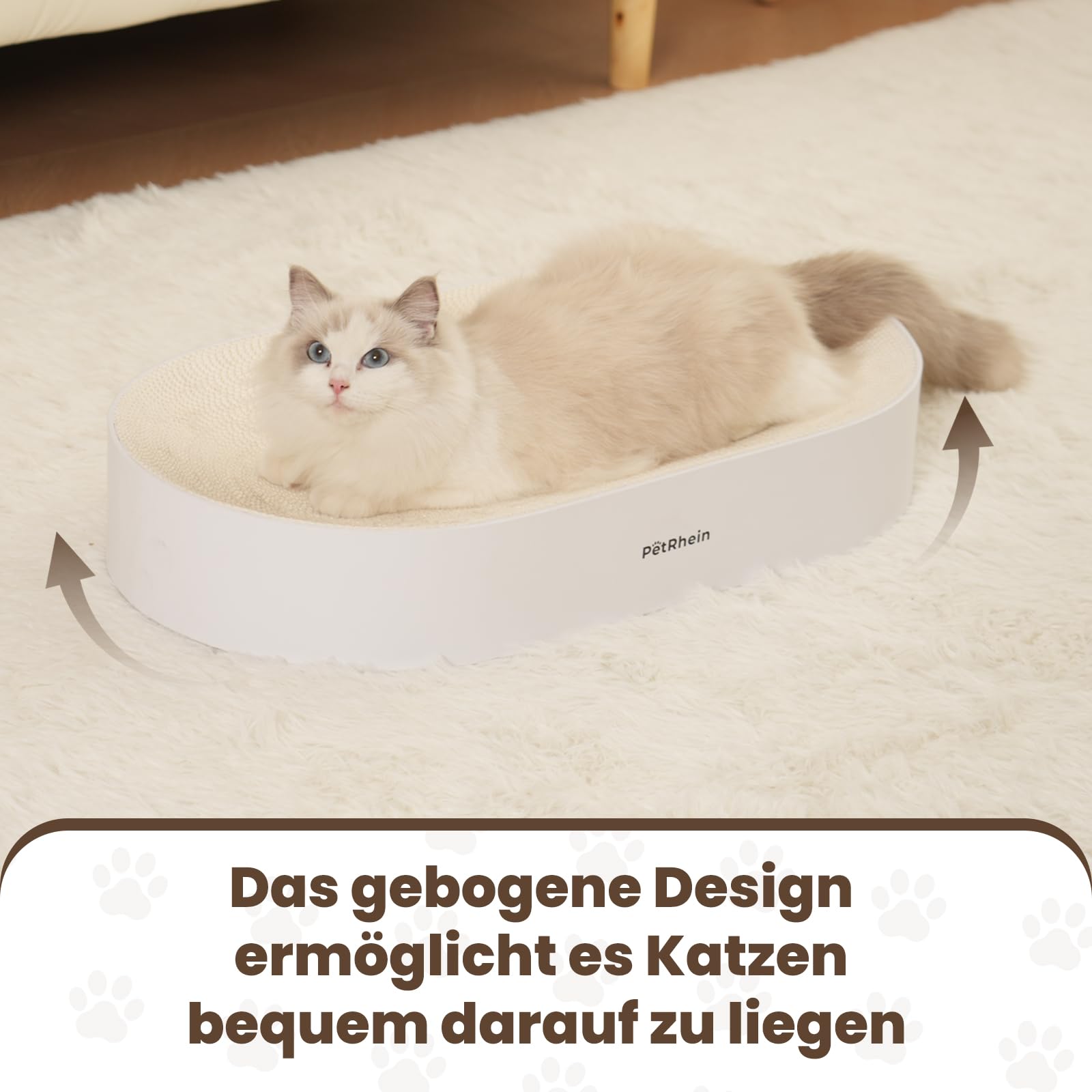 Zen Paw Kratzbrett und Katzenbett 63x35cm – Ergonomische Kratzpappe aus Wellpappe, wasserfeste Basis, schadstofffrei und langlebig, XL Kratzmöbel, Weiß
