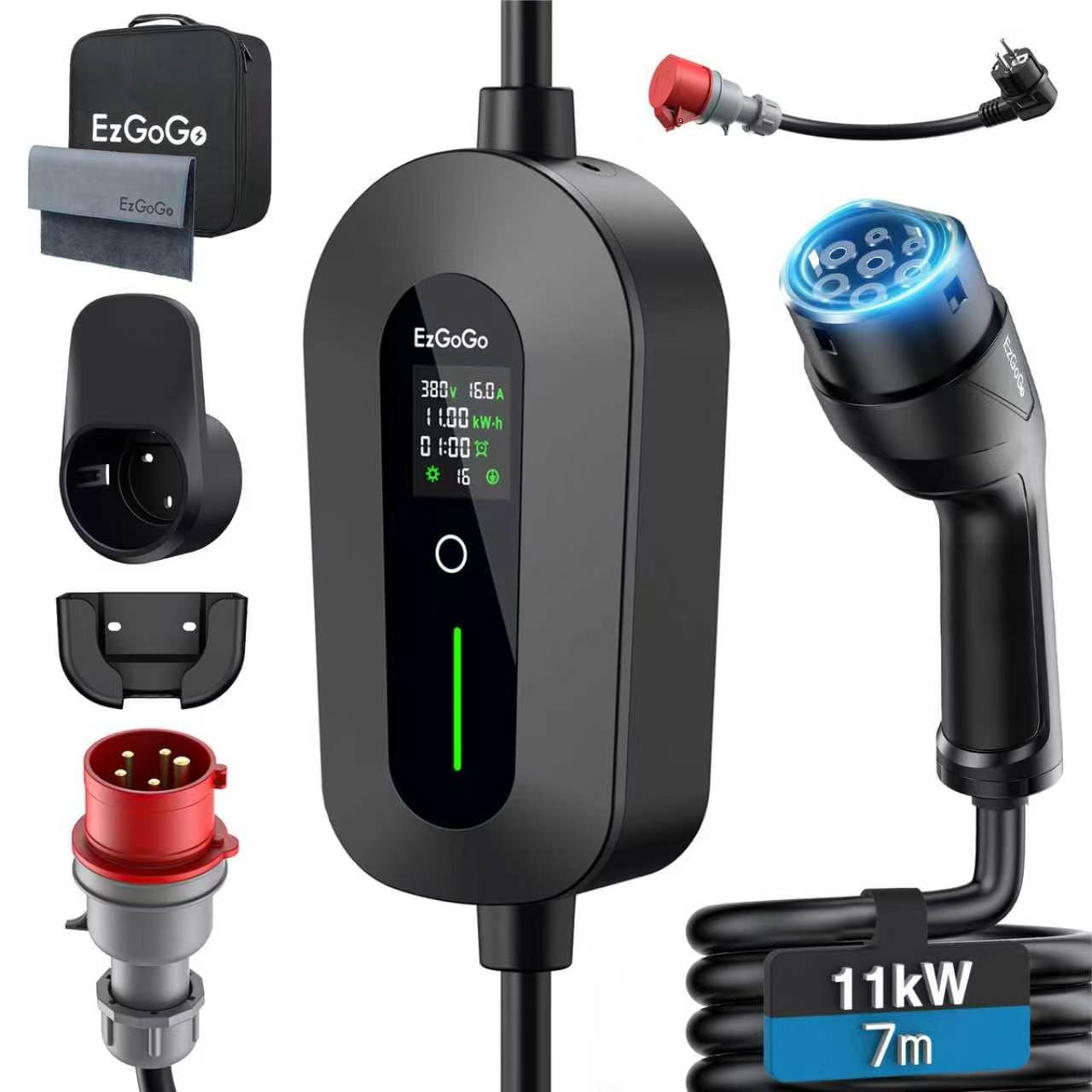 EzGoGo Mobile Wallbox 11kW Ladegerät Typ 2 (3-phasig) mit 7m Ladekabel CEE 16A auf Typ 2 inkl. Alltags-Adapter-Set | EV Ladestation [6/8/10/13/16A] | Hochwertiger IP65 Schutz | Für EVs & PHEVs