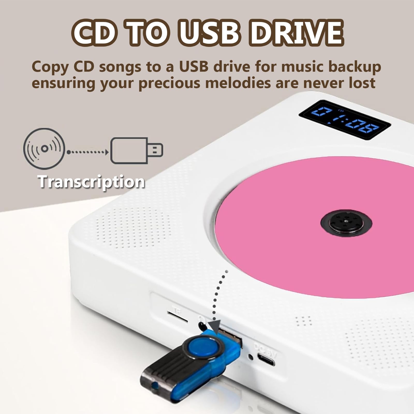 Ścienny odtwarzacz CD, przenośny odtwarzacz CD z Bluetooth 5.0, obsługuje płyty CD/CD-R/CD-RWMP3/WMA, z pilotem zdalnego sterowania, może być transkrypowany na dysk USB, do galerii domu i biura
