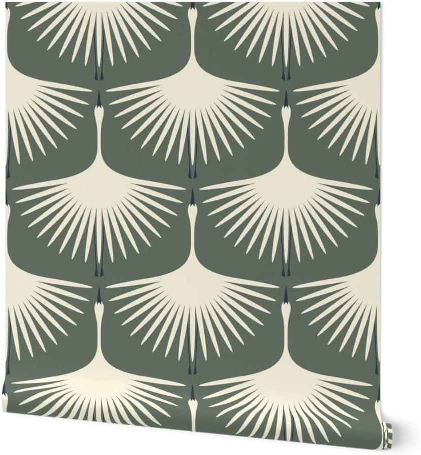 Spoonflower Removable Wallpaper 6ft x 2ft - Art Deco Green Geo Nature Swan Cranes Swans Birds Custom Pre-Pasted Wallpaper