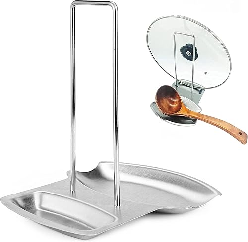 Soporte de tapa de sartén de cocina para ollas y cucharas, organizador de utensilios de cocina de acero inoxidable, solución ordenada de escritorio